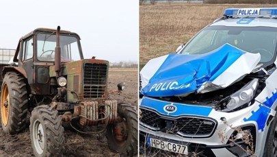 Szaleńczy pościg za traktorem. Radiowóz nie miał szans, obracało nim jak zabawką
