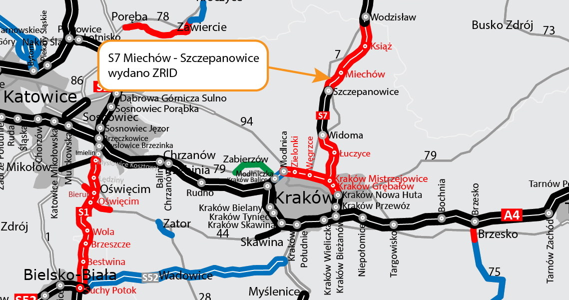 Szczepanowice - Miechów to ostatni odcinek drogi S7, na którym nie trwają jeszcze prace budowalne /GDDKiA