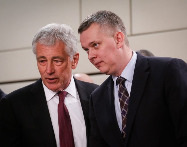 Szef Pentagonu Chuck Hagel i minister obrony narodowej Tomasz Siemoniak (Belgia, 27 luty 2014) /OLIVIER HOSLET /PAP/EPA