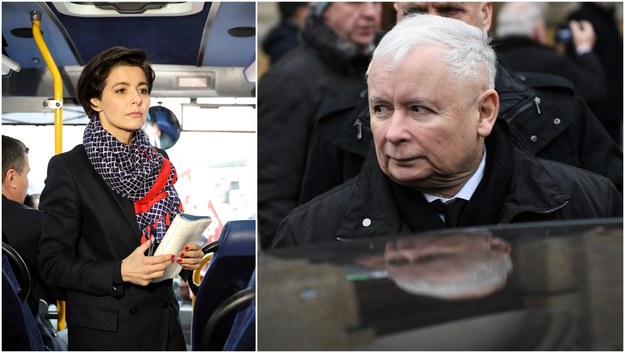 Szefowa kampanii prezydenckiej Andrzeja Dudy mec. Jolanta Turczynowicz-Kieryłło na pokładzie DudaBusa (fot. Leszek Szymański) i prezes PiS Jarosław Kaczyński (fot. Radek Pietruszka) /PAP /