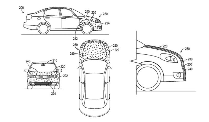 Szkice z patentu Google, pokazujące obszar pokryty "klejem" oraz wyróżniający kilka warstw, które mają pokrywać przód auta /Informacja prasowa