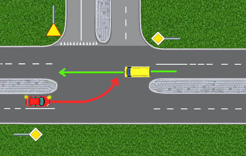 Sztucznie "prostujemy" drogę z pierwszeństwem - jeżeli czerwona osobówka skręca w drogę podporządkowaną, pierwszeństwo ma bus /INTERIA.PL