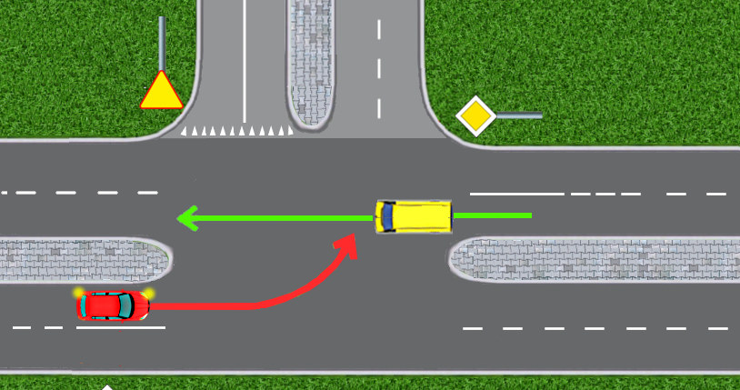 Sztucznie "prostujemy" drogę z pierwszeństwem - jeżeli czerwona osobówka skręca w drogę podporządkowaną, pierwszeństwo ma bus /INTERIA.PL