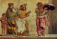 Sztuka starożytnego Rzymu: aktor grający na bębenku, fragment mozaiki z I w. /Encyklopedia Internautica