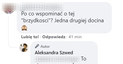 Szwed odpowiedziała na komentarze fanów pod postem, https://www.facebook.com/aleksandraszwed.official /Facebook