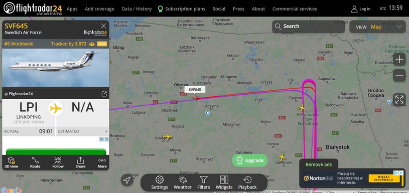 Szwedzki samolot zwiadowczy GulfStream na FlightRadar /materiały prasowe