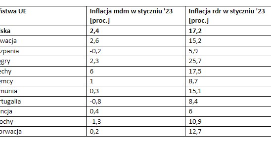 Tabela przedstawiająca odczyty inflacyjne w relacji rocznej oraz miesięcznej w styczniu 2023 r. w poszczególnych krajach UE. /materiały własne /