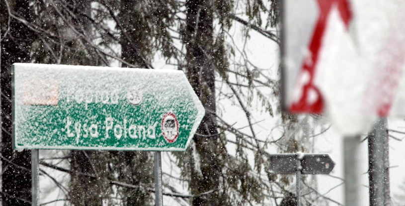 Tablica informacyjna pokryta śniegiem w Głodówce pod Zakopanem, gdzie spadł dzisiaj pierwszy tej jesieni śnieg /PAP