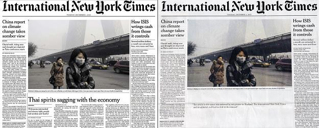 Tajlandzkie wydanie dziennika "International New York Times" ukazało się z pustą pierwszą  stroną /PAP
