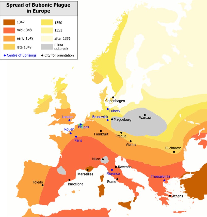 Tak dżuma rozprzestrzeniała się w średniowiecznej Europie /Wikimedia