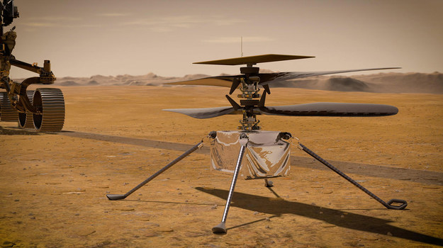 Tak helikopterek będzie wygladał, gdy łazik opuści go już na powierzchnię Marsa /NASA/JPL-Caltech /Materiały prasowe