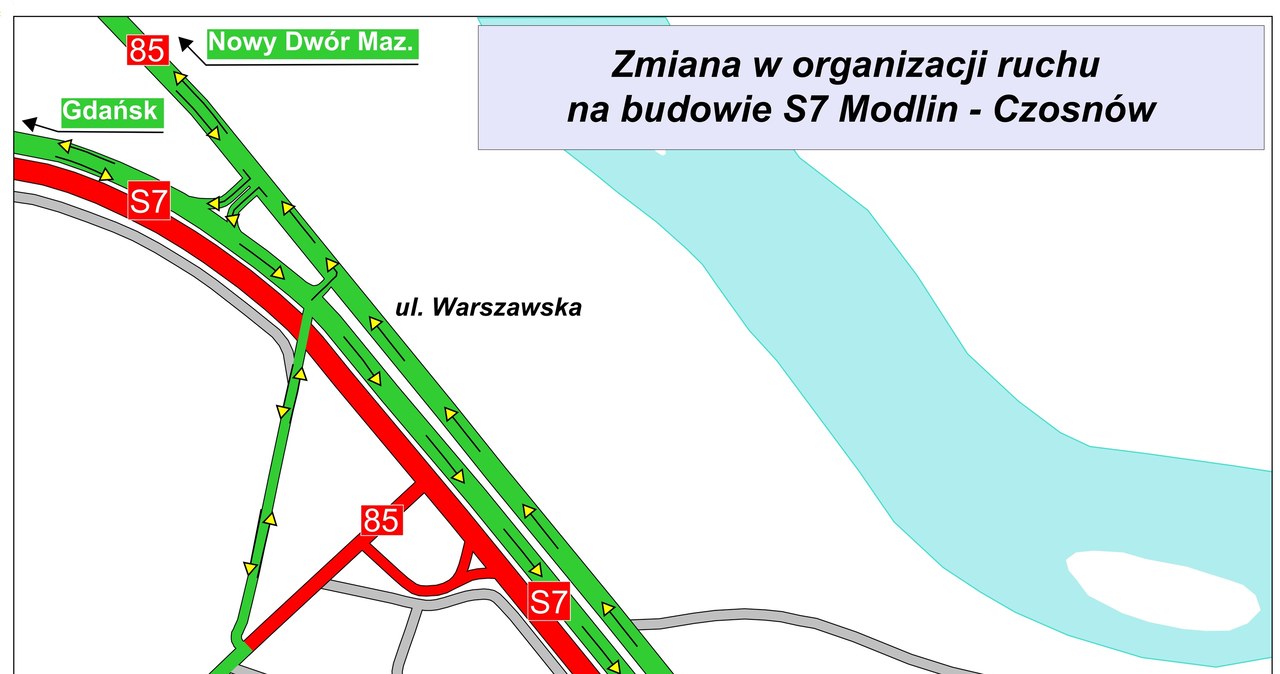 Tak poglądowo wygląda teraz ruch na moście w Zakroczymiu na trasie S7 /GDDKiA