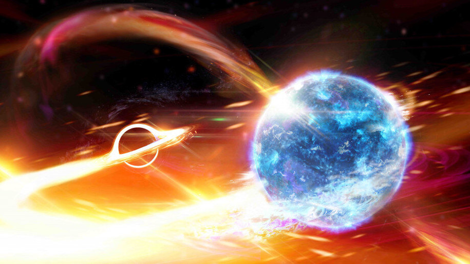 Tak rysownik wyobraża sobie czarną dziurę pochłąniającą gwiazdę neutronową /Carl Knox, OzGrav ARC Centre of Excellence /Materiały prasowe