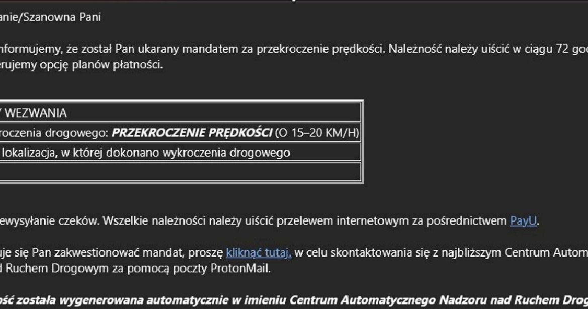 Tak wygląda e-mail będący próbą wyłudzenia metodą "na fotoradar" /CANARD /ITD