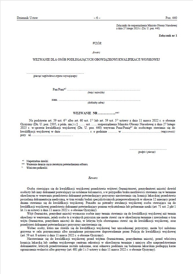 Tak wygląda wzór wezwania na kwalifikację wojskową /MON /