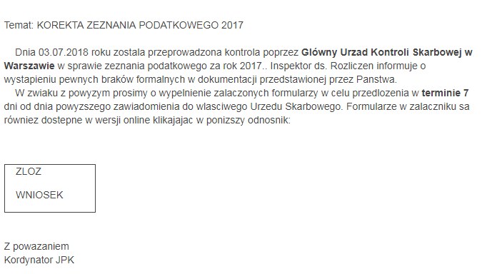 Tak wyglądają e-mailem rozsyłane przez oszustów /zrzut ekranu /