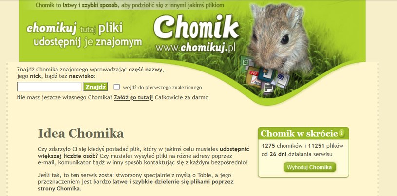 Tak wyglądał Chomikuj tuż po jego uruchomieniu. Jak widać, wtedy jeszcze chomik nie przypominał popularnej maskotki /web.archive/screen/ Marcin Jabłoński
