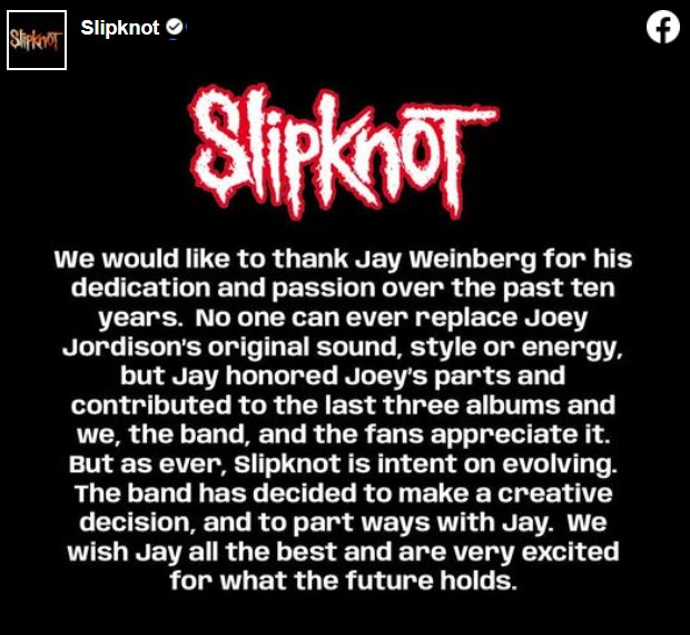Tak wyglądał post udostępniony na profilu grupy Slipknot /Facebook/Slipknot /materiał zewnętrzny