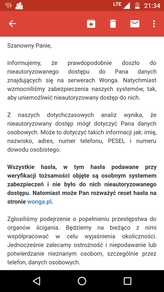 Taką informację otrzymali klienci Wonga /Wojtek /Gorąca Linia RMF FM