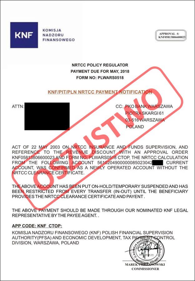 Takie dokumenty są rozsyłane przez oszustów - ostrzega KNF /Komisja Nadzoru Finansowego /