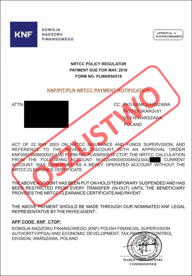 Takie dokumenty są rozsyłane przez oszustów - ostrzega KNF /Komisja Nadzoru Finansowego /