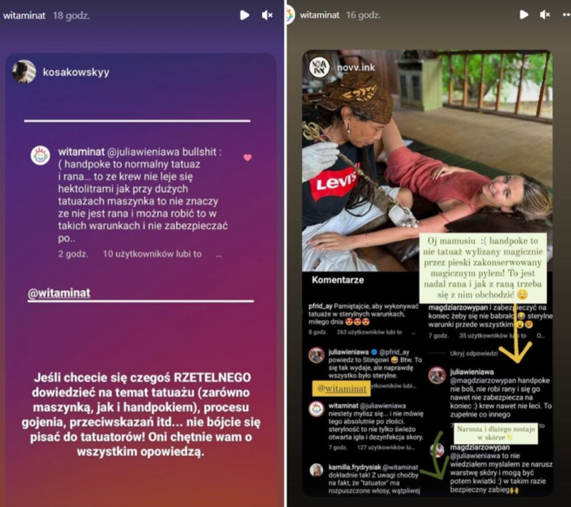 Tatuatorzy krytykują Wieniawę za warunki robienia tatuażu /@kosakowskyy/@novv.ink/@witaminat /Instagram