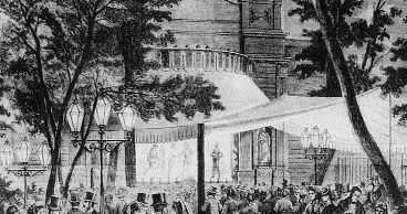Teatr ogródkowy „Tivoli” w Warszawie, ryt Andrzeja Zajkowskiego wg rysunku Henryka Pillatiego, „Kłosy”, 1871 r. /Encyklopedia Internautica