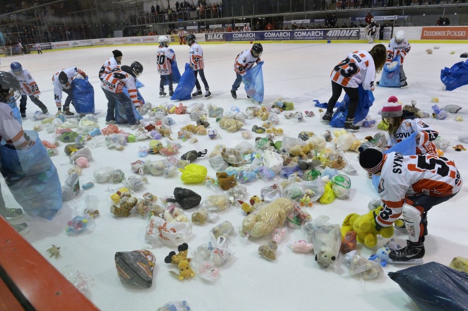 Teddy Bear Toss na lodowisku Cracovii, luty 2014 /Jacek Bednarczyk /PAP