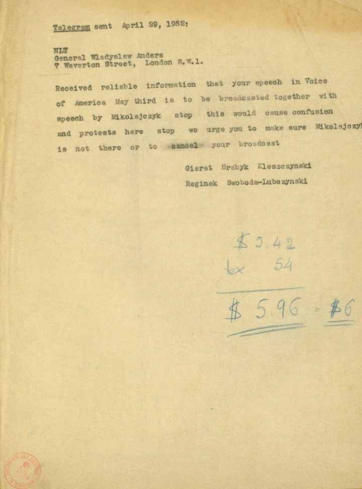 Telegram członków Rady Narodowej do gen. Władysława Andersa, 29 kwietnia 1952 r. /Archiwum Akt Nowych /
