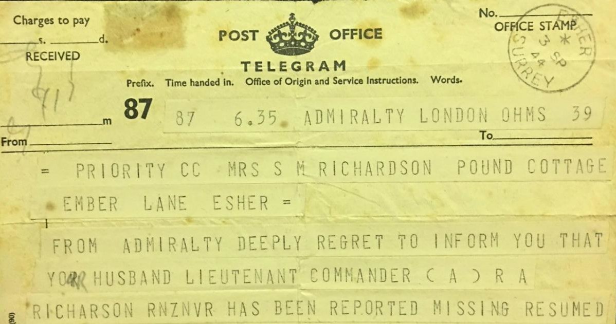 Telegram, jaki rodzina otrzymała po śmierci Rona /Royal Navy /domena publiczna