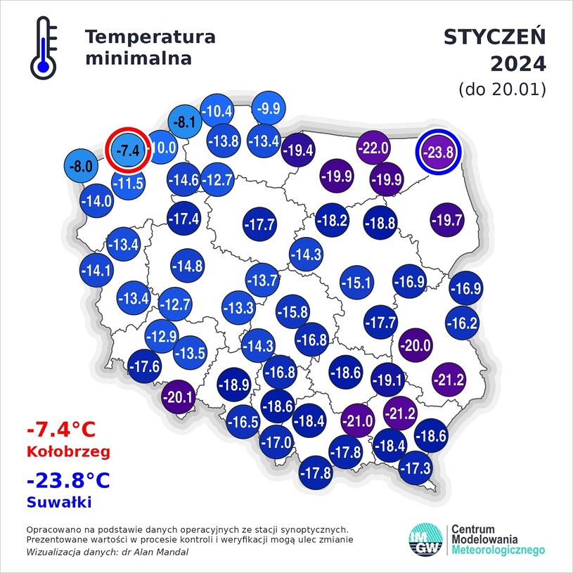 Temperatura minimalna w styczniu (do 20.01) /IMGW-PIB /materiał zewnętrzny