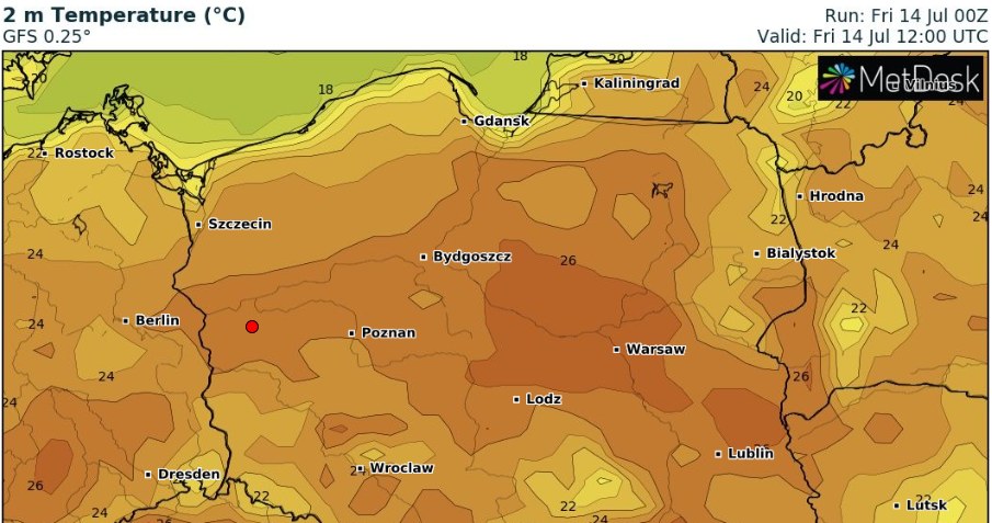 Temperatury będą wysokie, ale nie będzie upałów. Najchłodniej będzie nad morzem i w górach /wxcharts /