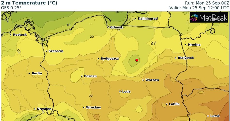 Temperatury w poniedziałek będą wyższe niż w weekend i w większości Polski przekroczą 20 st. C /wxcharts /