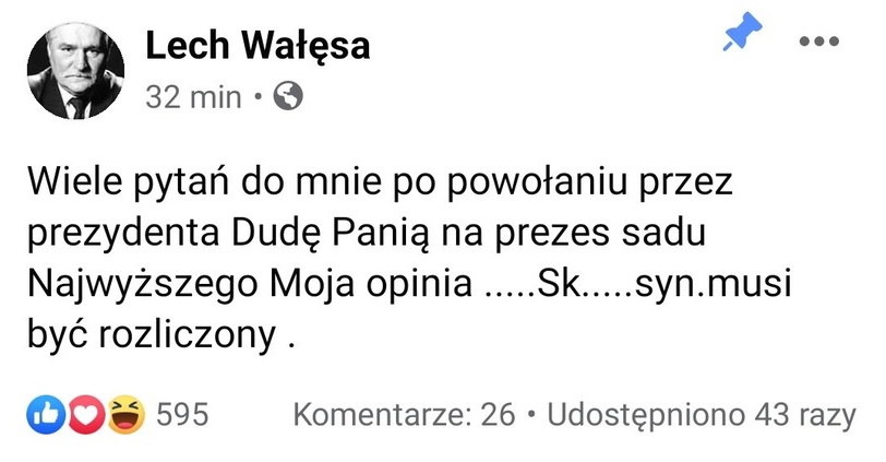 Ten wpis szybko zniknął z Facebooka Lecha Wałęsy /facebook.com