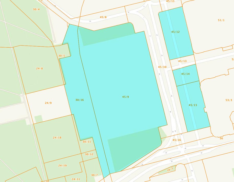 Teraz teren zamknięty obejmuje działki o numerze ewidencyjnym 45/9, 45/12, 45/14, 45/15 oraz 30/16 /Zrzut ekranu