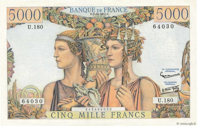 "Terre et mer" - stary francuski banknot o nominale pięciu tysięcy franków /materiały prasowe
