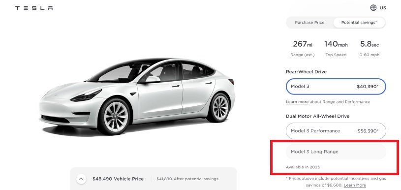 Tesla Model 3 Long Range ma wrócić do sprzedaży w 2023 roku. /tesla.com/zrzut ekranu/ /