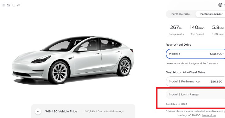 Tesla Model 3 Long Range ma wrócić do sprzedaży w 2023 roku. /tesla.com/zrzut ekranu/ /