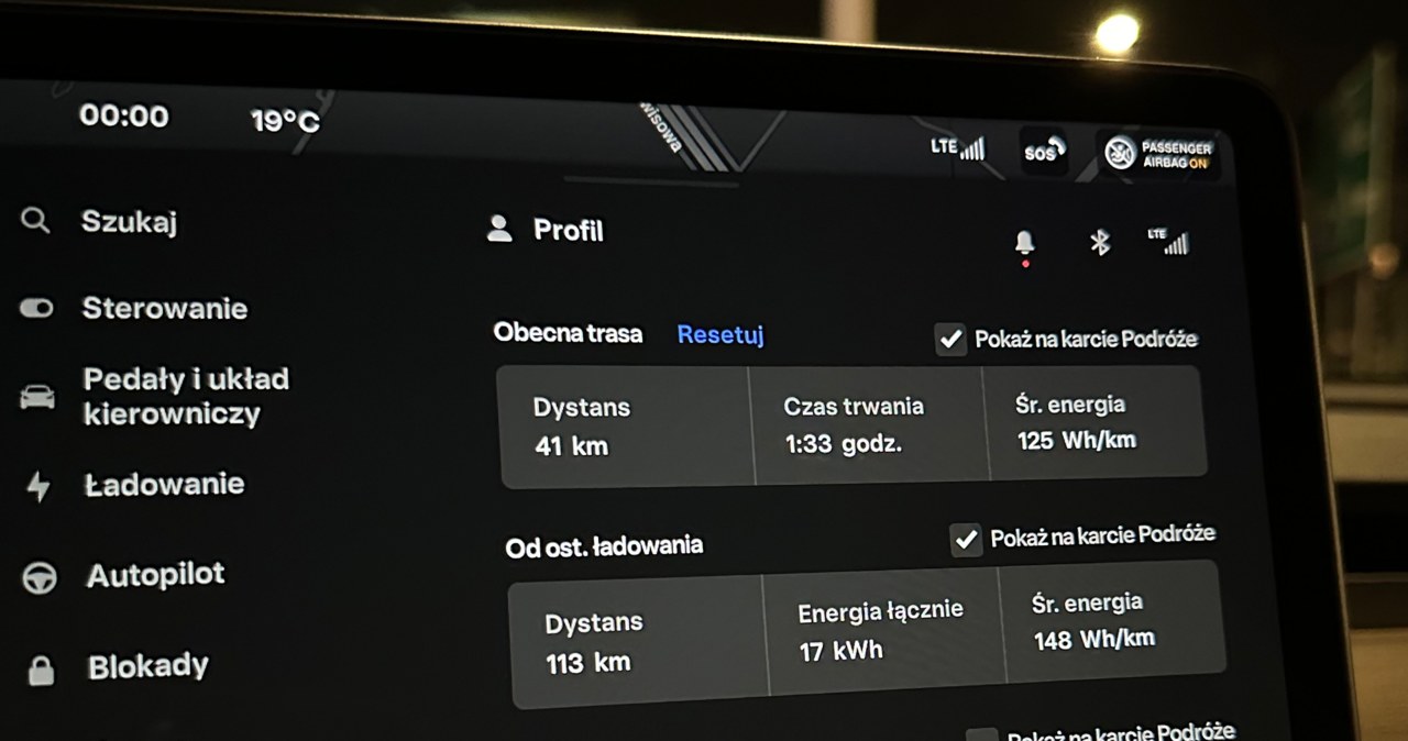 Tesla Model Y Long Range RWD zużyła podczas nocnej przejażdżki 12,5 kWh/100 km. /Jan Guss-Gasiński /INTERIA.PL