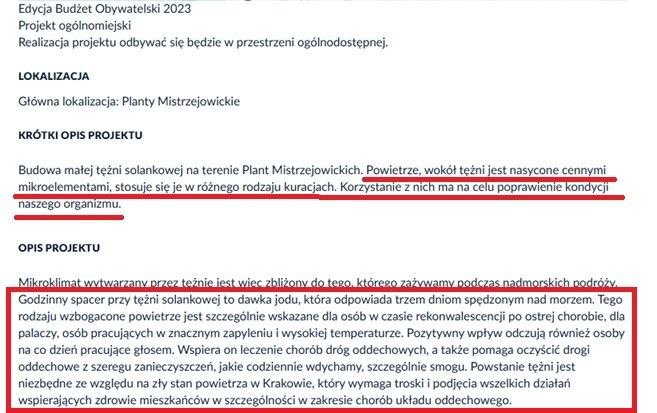 Tężnia Mistrzejowice - opis z budżetu obywatelskiego /Zrzut ekranu