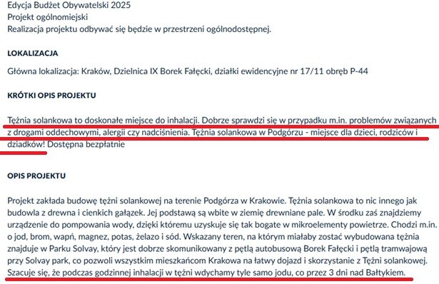 Tężnia Podgórze - opis z budżetu obywatelskiego /Zrzut ekranu