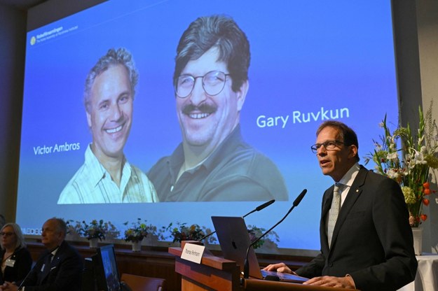 Thomas Perlmann odczytuje nazwiska laureatów Nagrody Nobla z medycyny /JONATHAN NACKSTRAND/AFP /East News