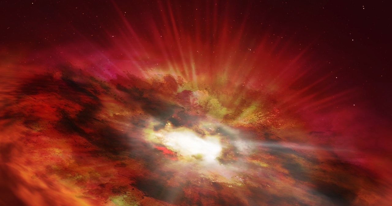 To artystyczna wizja supermasywnej czarnej dziury znajdującej się wewnątrz spowitego pyłem jądra galaktyki, w której aktywnie powstają gwiazdy /NASA, ESA, N. Bartmann /domena publiczna