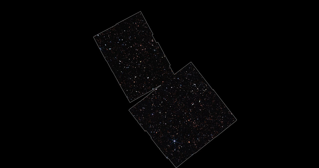 To zdjęcie wykonane przez Kosmiczny Teleskop Jamesa Webba ukazuje region badany przez Webb Advanced Deep Extragalactic Survey (JADES). Obszar ten znajduje się w Ultragłębokim Polu Kosmicznego Teleskopu Hubble'a i wokół niego / NASA, ESA, CSA, and M. Zamani (ESA/Webb). Science: B. Robertson (UCSC), S. Tacchella (Cambridge), E. Curtis-Lake (Hertfordshire), S. Carniani (Scuola Normale Superiore), and the JADES Collaboration. /NASA