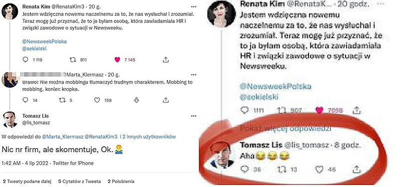 Tomasz Lis komentuje wpis Renaty Kim /Twitter