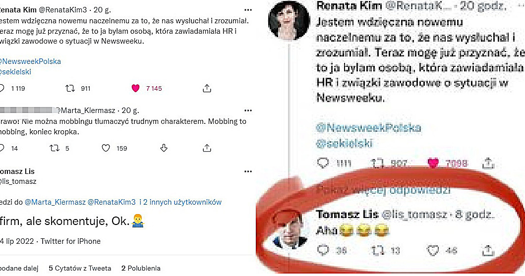 Tomasz Lis komentuje wpis Renaty Kim /Twitter