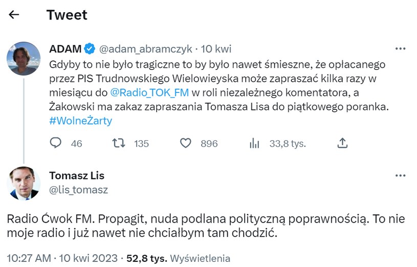 Tomasz Lis o radiu Tok FM /@tomaszlis_official /Twitter