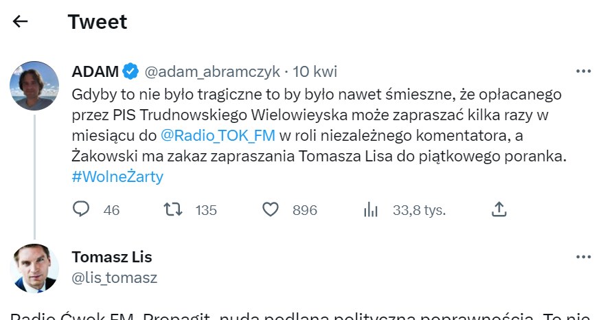 Tomasz Lis o radiu Tok FM /@tomaszlis_official /Twitter