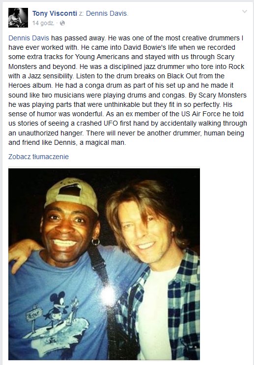 Tony Visconti pożegnał Dennisa Davisa na Facebooku /