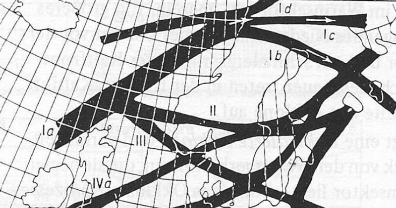 Tory niżów nad Europą według W. Van Bebbera źródło: Van Bebber W. J.: Die Zugstrassen der barometrischen Minima. In: Meteorologische Zeitschrift 8 (1891) /Wilhelm Jacob van Bebber /domena publiczna